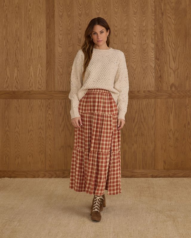 TIERED MIDI SKIRT | RED PLAID