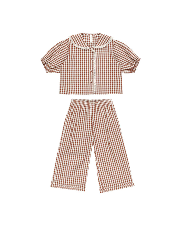 RUFFLE PAJAMAS | BRICK GINGHAM